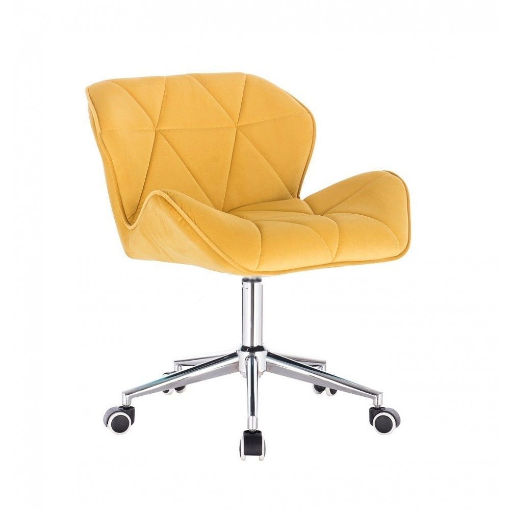 Kosmetická židle MILANO VELUR na stříbrné podstavě s kolečky - žlutá